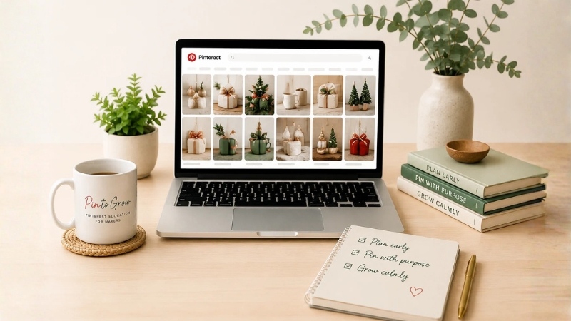 Laptop on a wooden desk showing Pinterest and surrounded by a PIN to Grow coffee mug, a notepad that says "Plan early. Pin with purpose. Grow calmly" on it, three books stacked that say the same three things, and a couple of potted plants.