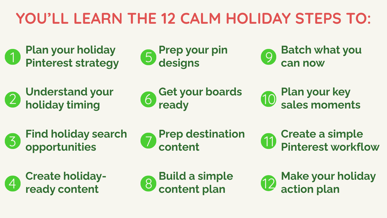 List the 12 calm holiday marketing steps that you'll learn
